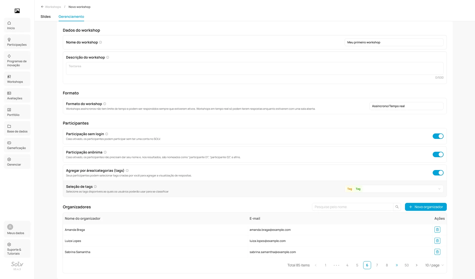 Configurações do workshop: participação sem login, agrupar por tags e seleção de tags.